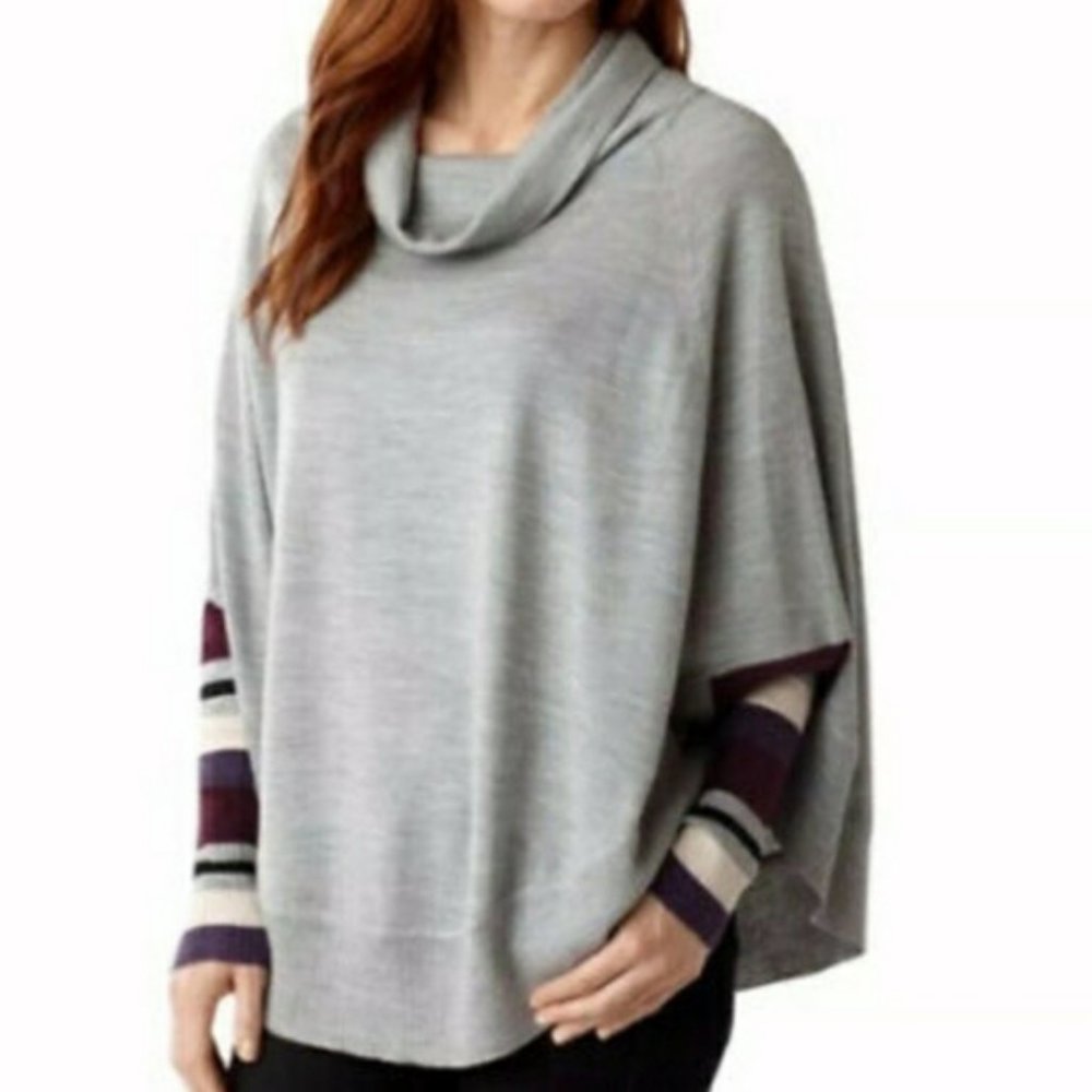 Grey Smartwool Nokoni Striped Wool Cowl Neck Poncho (S/M)
